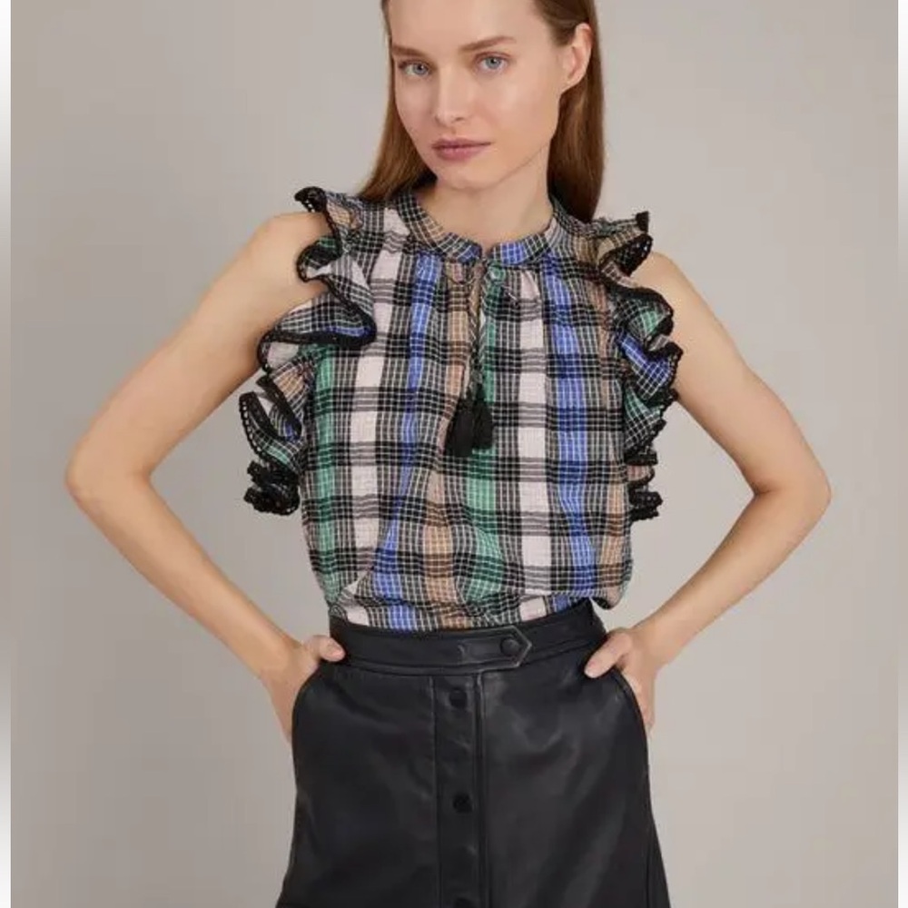Munthe Copenhagen Ruffled Plaid Sleeveless Blouse Tassel Tie Womens Size 38 M